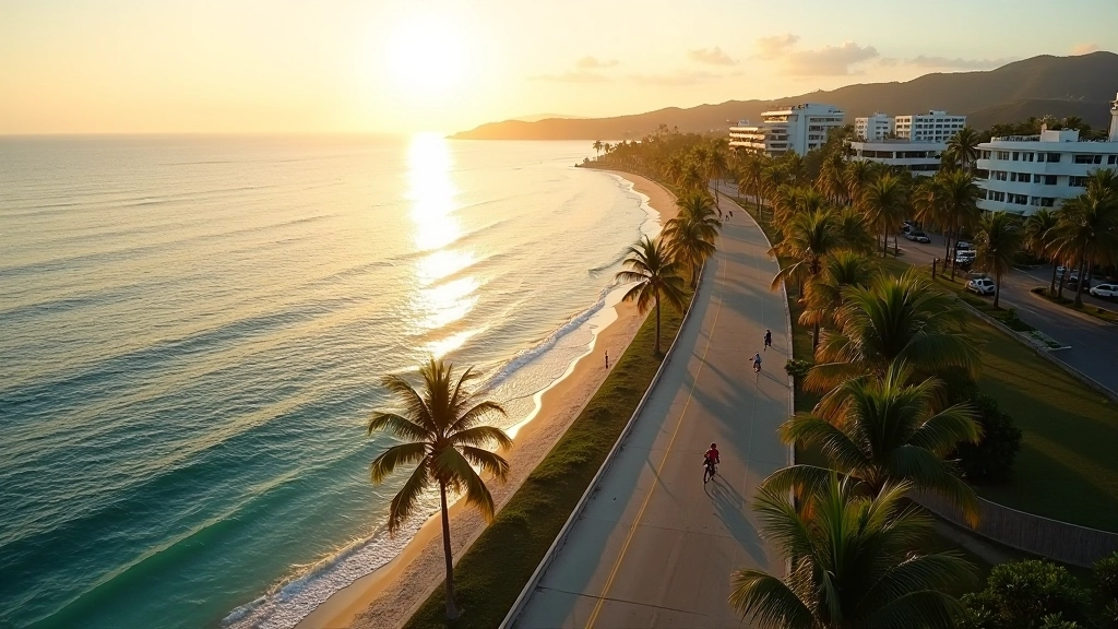 Vista aérea del malecón de Aguadilla con palmeras y océano