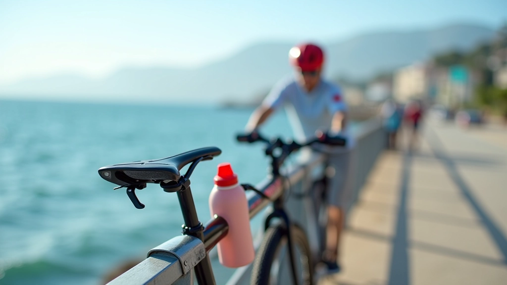 Detalle de bicicleta de montaña con casco rojo y botella de agua en el malecón costero
