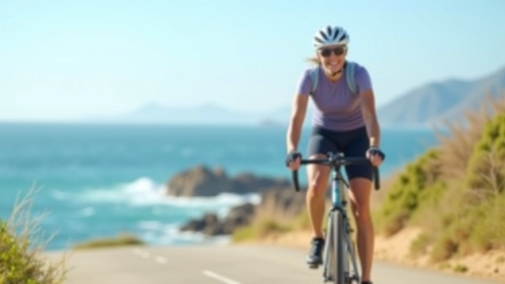 Ciclista en bicicleta de montaña sobre camino costero con vistas al mar Caribe