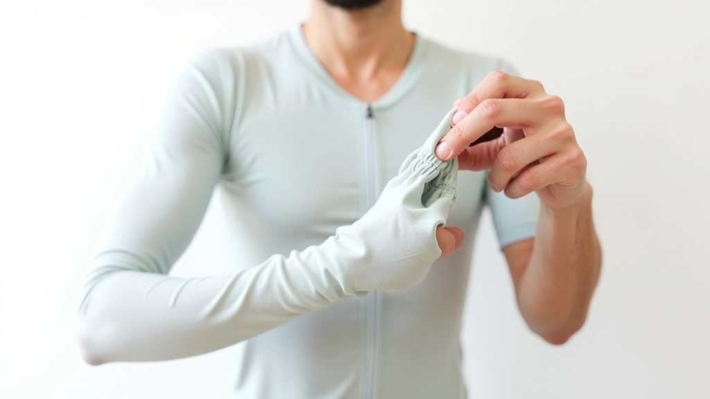 Detalle de ropa de ciclismo en tela sintética transpirable de colores claros, colgada para mostrar la calidad