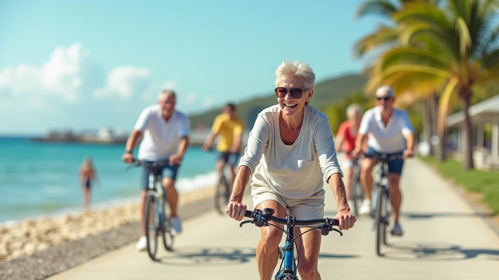 Grupo de jubilados disfrutando de un paseo en bicicleta por el malecón