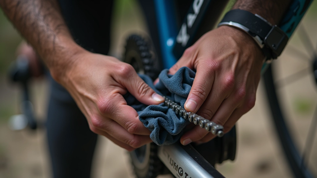 Mano limpiando y lubricando la cadena de una bicicleta con productos de mantenimiento