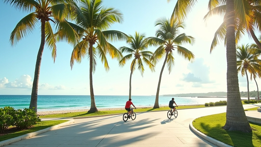 Vista panorámica del malecón de Aguadilla con palmeras y océano Atlántico al fondo durante la mañana