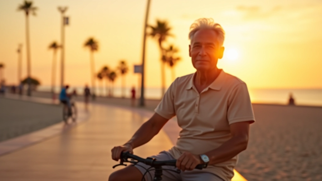 Persona mayor relajada al atardecer en el malecón después de completar su rutina de recuperación
