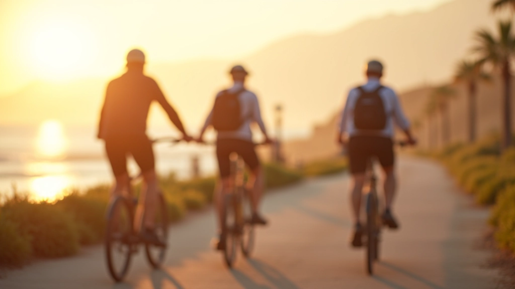 Ciclistas jubilados disfrutando del malecón de Aguadilla al atardecer con vistas del océano Atlántico